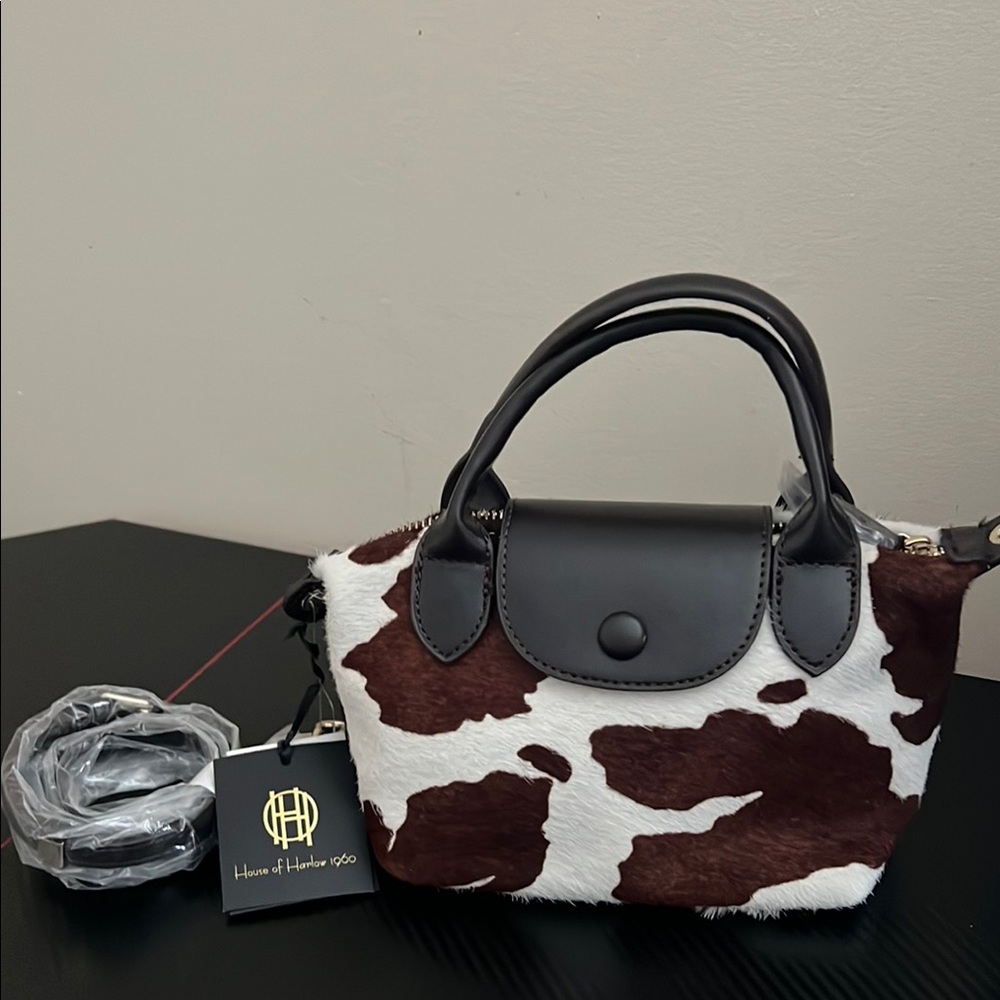 House of Harlow 1960 Brown & White Cowhide Mini Satchel. NEW WITH TAGS